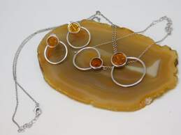 Modernist 925 Amber Circles Pendant Necklace Drop Earrings & Bracelet Set