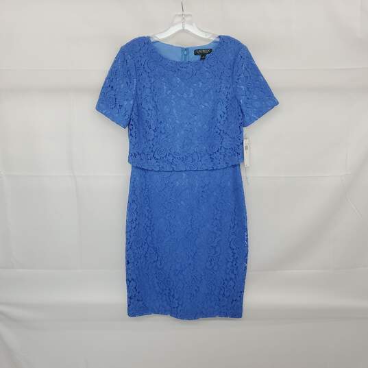 LAUREN Blue Cotton Blend Lace Short Sleeved Sheath Dress WM Size 4 NWT image number 1