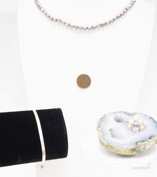 Artisan 925 Purple Agate Disc Chains Dark Pearls Beaded Lariat Toggle Necklace Cluster Ring & Herringbone Bracelet 36.4g image number 6