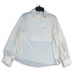 NWT Zara Womens White Tie Neck Keyhole Back Long Sleeve Blouse Top Size XL