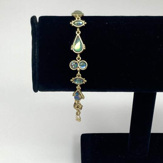 Designer Lucky Brand Gold-Tone Clover Leaf Hang Tag Abalone Link Bracelet image number 1