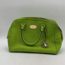 Michael Kors Womens Green Leather Bag Charm Zipper Double Top Handle Handbag