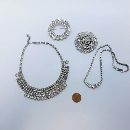 Vintage Icy Rhinestone Silver Tone Statement Necklaces Open Circle & Tiered Brooches 101.0g image number 6