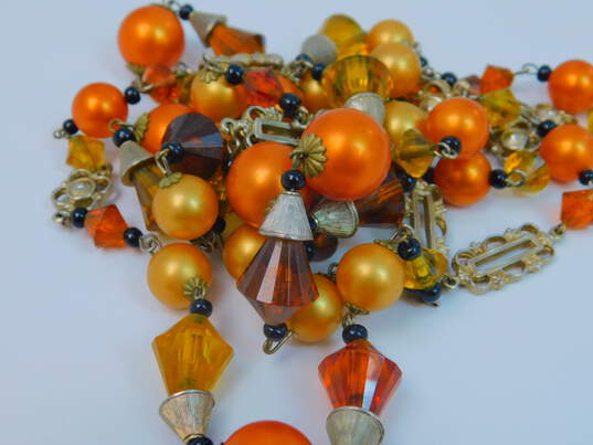 Vintage Goldtone Yellow & Orange Crystals & Faux Pearls Beaded Necklace & Matching Cluster Clip On Earrings 114.5g image number 4