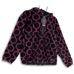 NWT Womens Purple Black Geometric Half Zip Sherpa Pullover Hoodie Size S