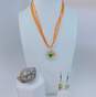 Artisan Silvertone Floral Dichroic Art Glass Pendant Orange Ribbon Necklace Matching Drop Earrings & Band Ring 40.8g image number 1