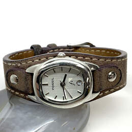 Designer Fossil Silver-Tone Brown Leather Strap Analog Quartz Wristwatch