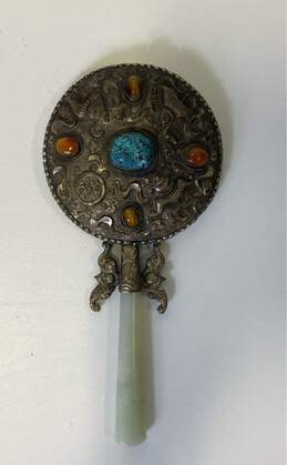 Vintage Vanity Mirror Hand Made Inlayed Gemstones and Jade Handle Nautical Motif alternative image