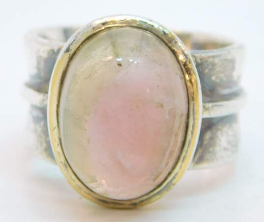Artisan 925 & Vermeil Accent Pink Tourmaline Oval Cabochon Ridged Wide Band Ring For Repair 12.7g image number 2