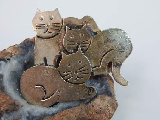 925 Taxco Cats Brooch & Artisan Cat Rings 30.9g image number 6