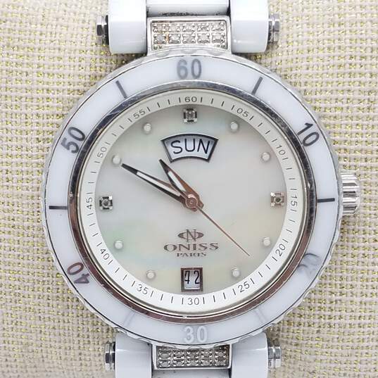 Women's Oniss Paris MOP Diamond Dial White Ceramic Stainless Steel Watch image number 2