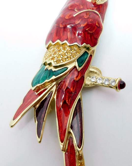 Bob Mackie Signed Gold Tone Icy Enamel Parrot Brooch 37.3g image number 4