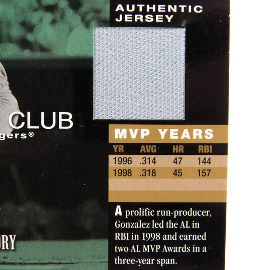 2002 Juan Gonzalez Upper Deck Piece of History Memorabilia MVP Club image number 3