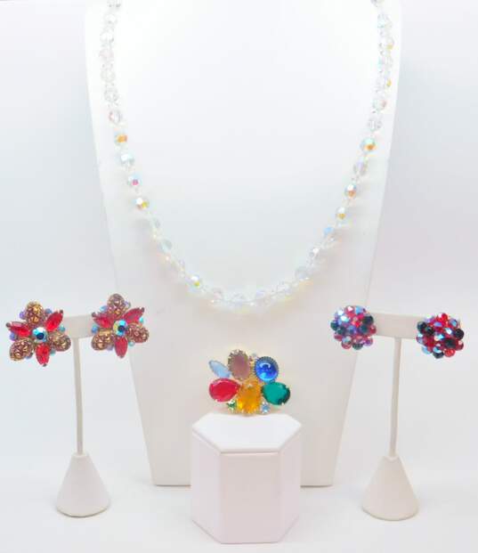 Vintage Judy Lee & Fashion Colorful & Clear Icy Aurora Borealis Clip-On Earrings Necklace & Brooch 99.0g image number 1