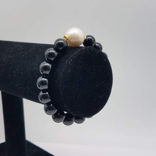 14k Gold FW Pearl & Onyx Beaded Expandable Bracelet 28.0g image number 3