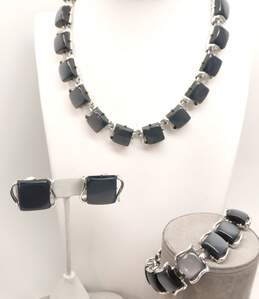 Vintage Coro Silver Toned Blue Lucite Collar Necklace Bracelet & Clip On Earrings 103.6g