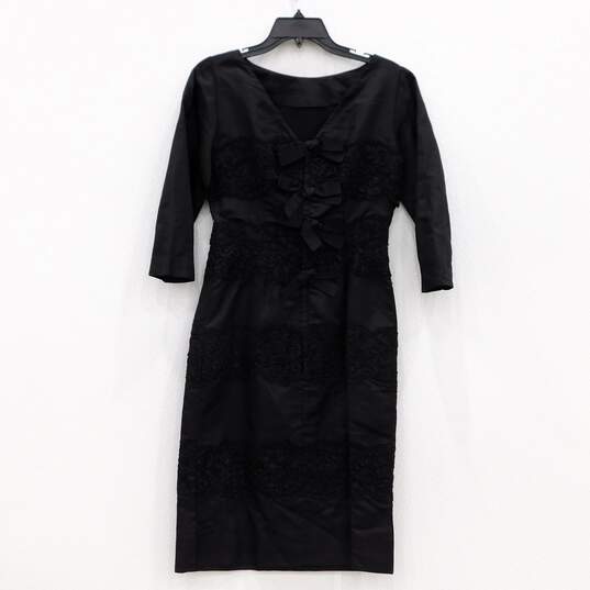 VTG 1950s Paul Parnes Women's Black Lace Crepe Cocktail Dress w/ Bows Back Detail image number 2