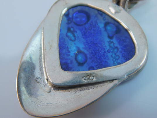 Taxco Mexico & Artisan 925 Modernist Blue Bubbles Art Glass Pendant Herringbone Chain Necklace & Chunky Band Ring 21.2g image number 4