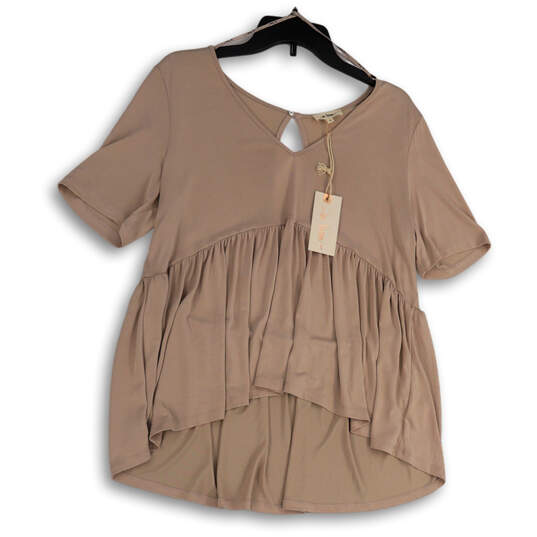 NWT Womens Beige Short Sleeve V-Neck Keyhole Back Blouse Top Size Small image number 1