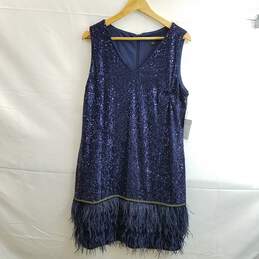 Tahari Women's Blue Sequin V-Neck Sleeveless Shift Dress with Feathers Size 14
