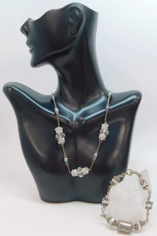 Artisan Sterling Silver Pearl Quartz Rhinestone Necklace & Bracelet 37.6g image number 1