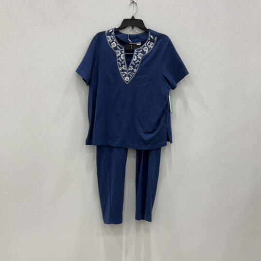 NWT Womens Blue Embroidered Blouse Top And Pull-On Pants Size L/XL image number 1
