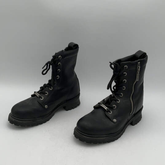 Womens Black Leather Round Toe Side Zip Lace-Up Motorcycle Boots Size 9.5 image number 3