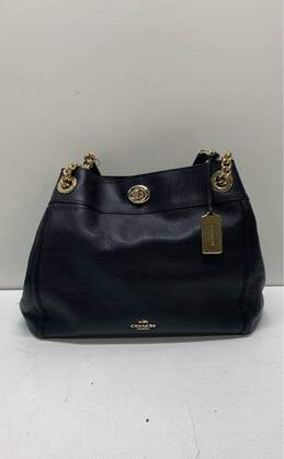 COACH Edie Turnlock Black Leather Chain Shoulder Satchel Bag