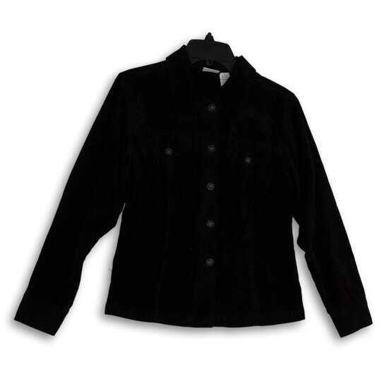 Womens Black Velvet Long Sleeve Collared Pockets Button Front Jacket Size S image number 1