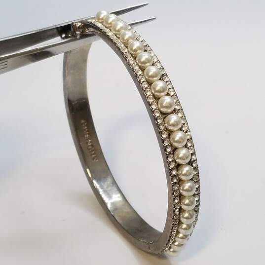 Givenchy Silver Tone Faux Pearl Crystal Hinge Bangle Bracelet 29.1g DAMAGED image number 2