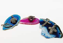 Romantic 925 Blue Glass Leaf & Marcasite Cross Pendants & Purple Ring