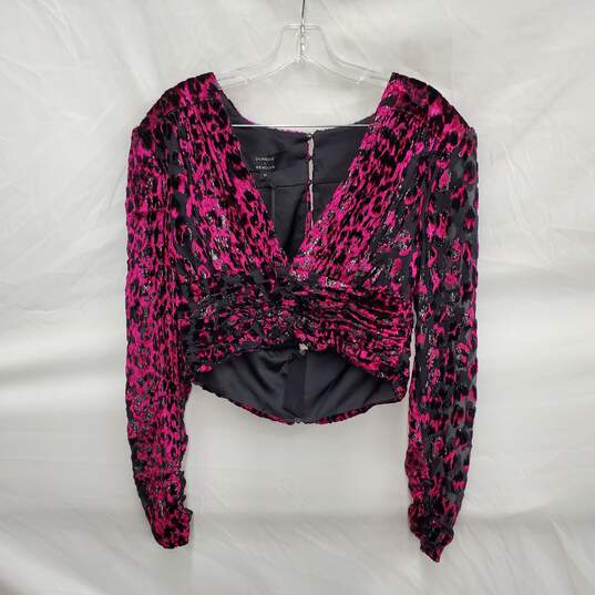 NWT Dundas & Revolve WM's Black & Pink Floral Velvet Shoulder Padded Blouse Top Size M image number 1