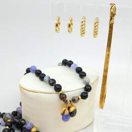 Artisan 925 Vermeil Lotus Iolite & Hawks Eye Charms Jasper & Amethyst Ball Bead Necklace Huggie Hoop Earrings & Herringbone Chain Bracelet 63g