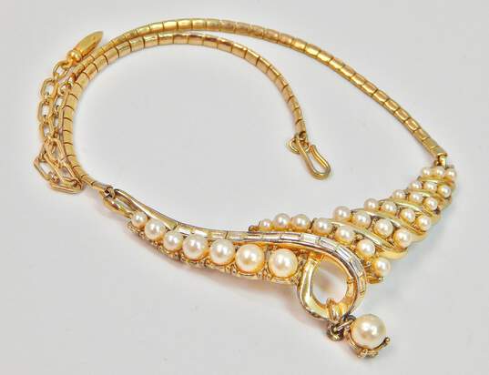 VNTG Coro CZ Faux Pearl & Gold Tone Necklace & Barclay Clip-On Earrings 36.3g image number 6
