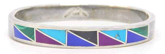 Taxco Mexico Artisan 925 Sterling Silver Faux Stone Inlay Bangle Bracelet 39.1g image number 2