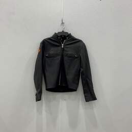 Womens Black Leather Long Sleeve Zipped Pocket Full Zip Biker Jacket Size 6