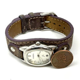 Designer Fossil Silver-Tone Brown Leather Strap Analog Quartz Wristwatch alternative image