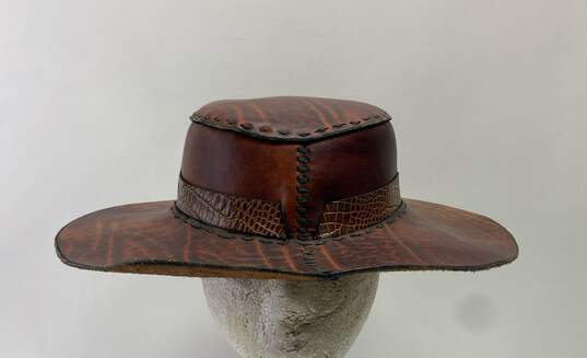 Artisan Hand Crafted Wide Brim Stitched Leather Brown Hat - Size 7 image number 1