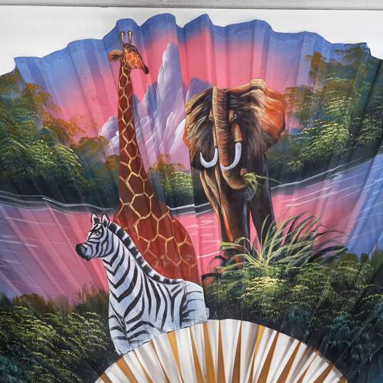 Bamboo Fan Wall Art Of A Giraffe, Zebra & Elephant In A Jungle image number 2