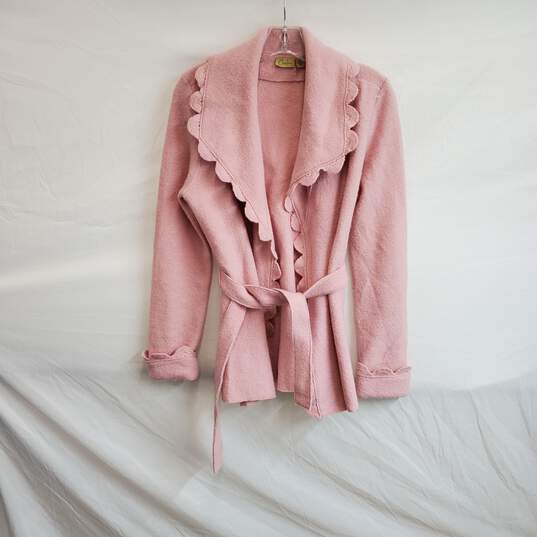 Caslon Pink Wool Open Front Belted Scalloped Cardigan WM Size XS image number 1