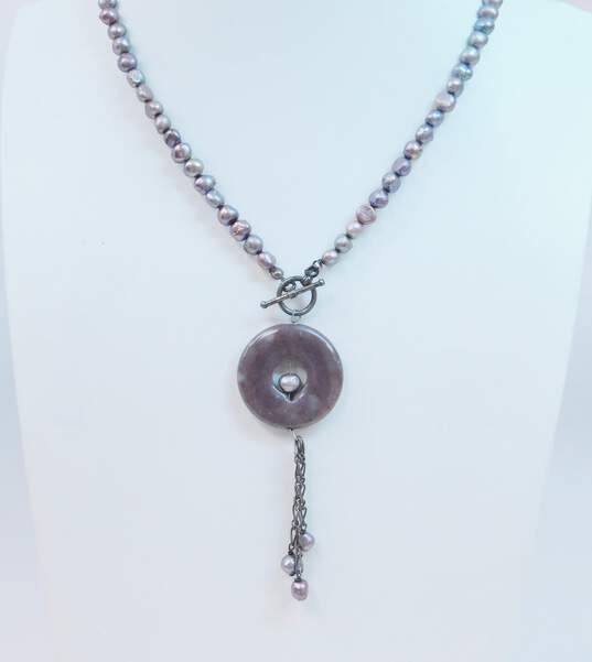 Artisan 925 Purple Agate Disc Chains Dark Pearls Beaded Lariat Toggle Necklace Cluster Ring & Herringbone Bracelet 36.4g image number 2