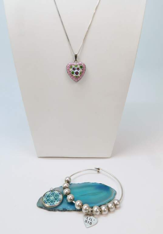 Artisan 925 Flowers & Hearts Art Glass Pink Heart & Blue Circle Pendants Necklace & Lil Sis Charm Ball Beaded Bangle Bracelet 21.8g image number 1