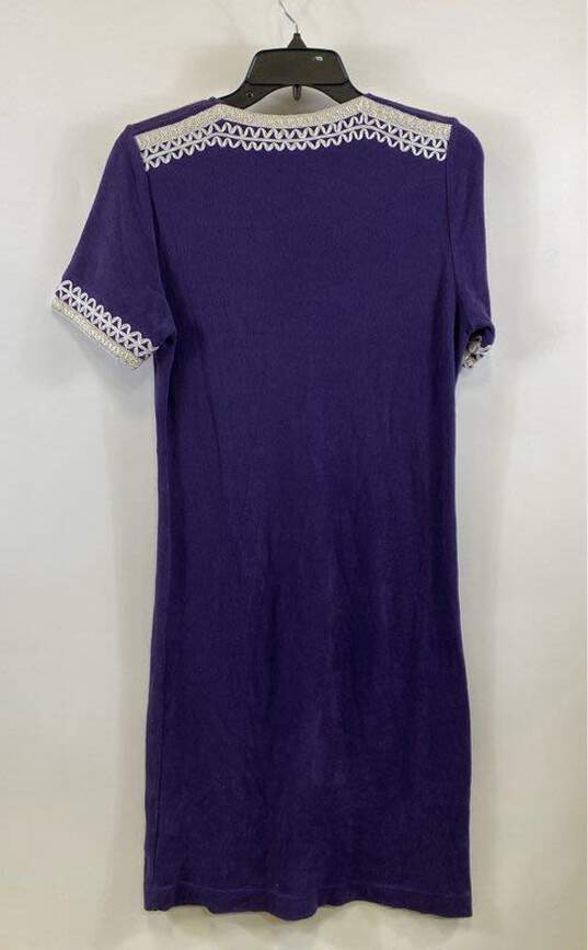 Tory Burch Womens Purple Short Sleeve Embroidered Split Neck Sheath Dress Size S image number 2