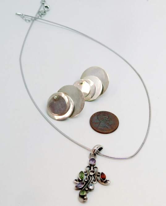 Artisan 925 Faceted Topaz Amethyst Peridot & Garnet Scrolled Pendant Necklace & Modernist Stacked Discs Post Earrings 17.1g image number 6