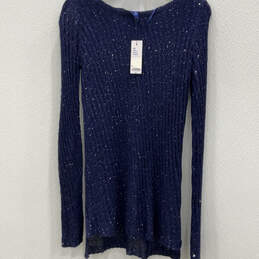 NWT Womens Blue Sequin Crew Neck Long Sleeve Pullover Sweater Size XS