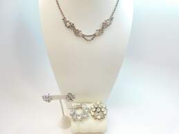 Vintage Icy Rhinestone Silver Tone Necklace, Brooches & Clip On Earrings 58.2g