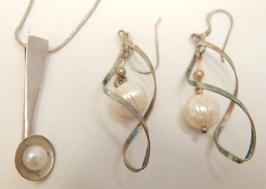 Artisan 925 Pearl Pendant Necklace & Earrings w/ Chain Bracelet & Knot Ring24.4g image number 2