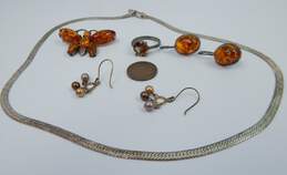925 Amber Faux Pearl CZ Earrings Butterfly CZ Ring & Herringbone Necklace 27.7g alternative image