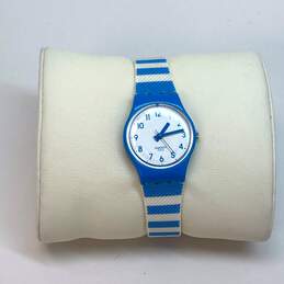 Designer Swatch Blue White Leather Strap Round Analog Quartz Wristwatch