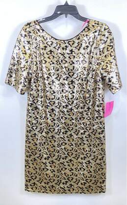 NWT Betsey Johnson Womens Gold Black Leopard Print Round Neck Sheath Dress Sz 10